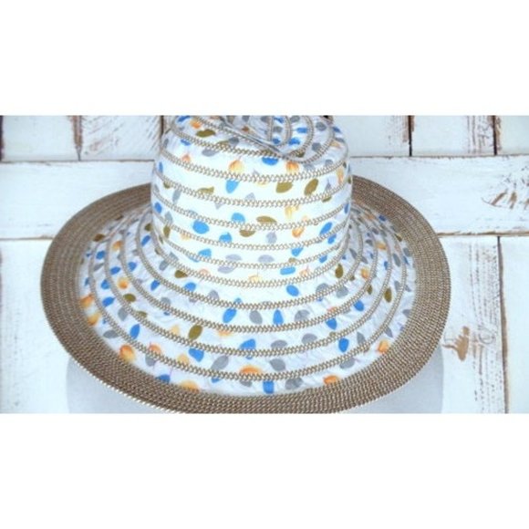 Vintage white cotton straw woven leaf print floppy sun hat main image 3